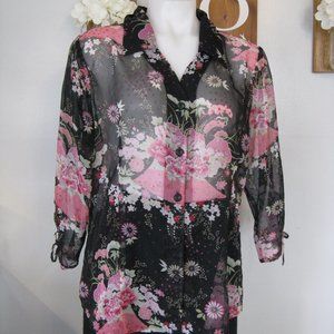 Dressbarn Semi-Sheer Glitter Floral Button Front Shirt